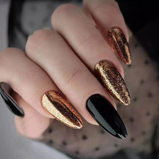 Flash Black Gold Nails – Luxury European & American Press On Nails with Glue