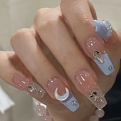 Stars and Moon Fake Nails for Women – Long Press-On Nails Set | Celestial Nail Art USA