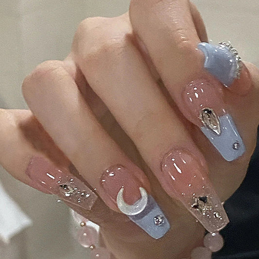 Stars and Moon Fake Nails for Women – Long Press-On Nails Set | Celestial Nail Art USA
